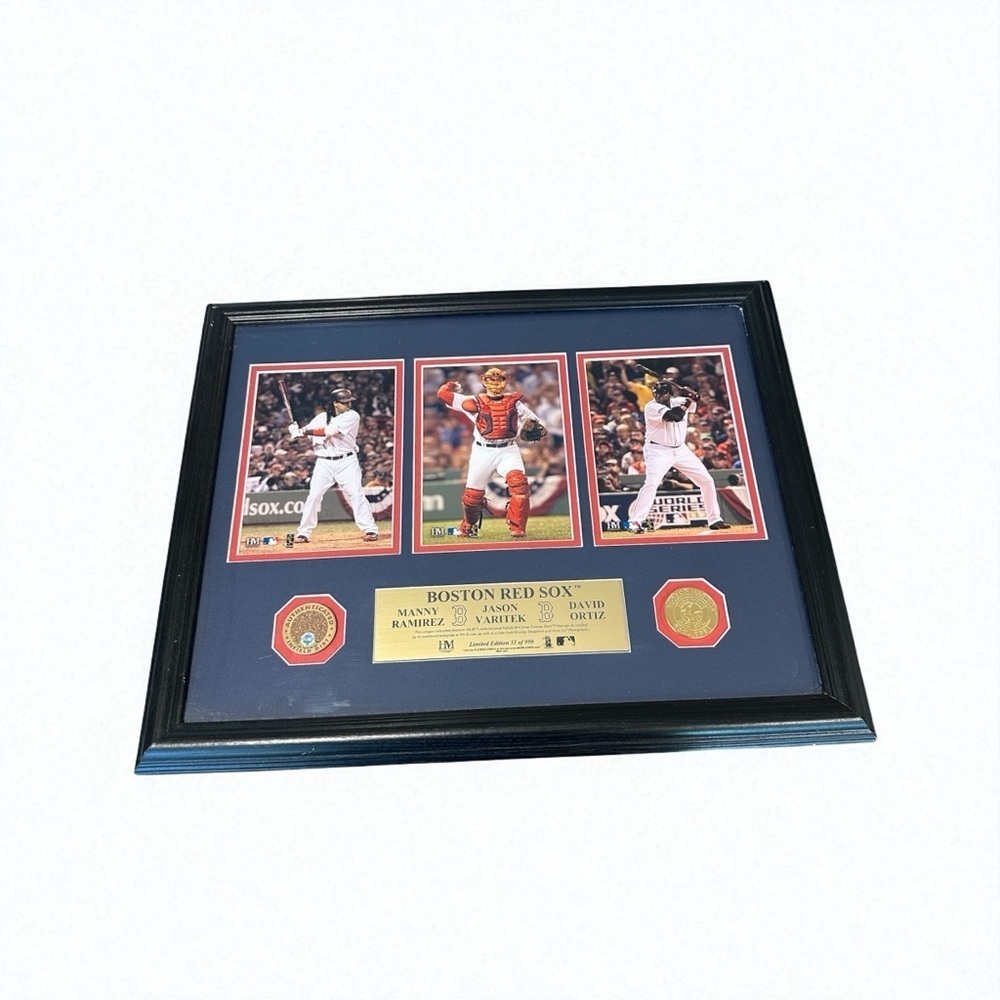 Framed Manny Ramirez, Jason Varitek, and David Ortiz Display With Infield Dirt